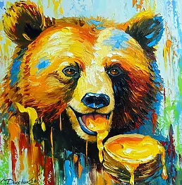 Olha Darchuk, Ours savourant du miel, Peinture à l'huile - toile, 40 x 40