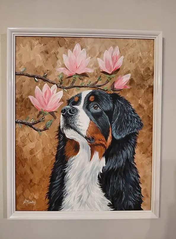 Agnieszka Mantaj, Berner Sennenhund und Magnolie, Acrylgemälde - Platte, 40 x 50