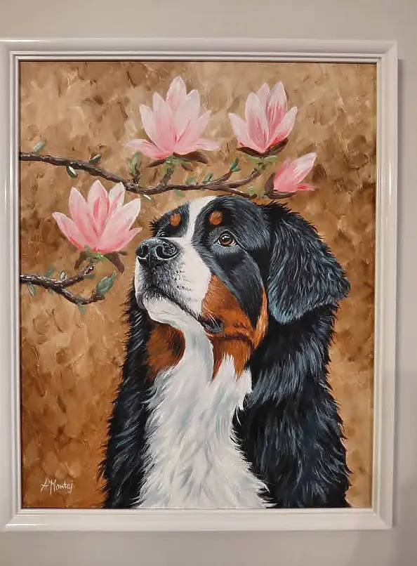 Agnieszka Mantaj, Berner Sennenhund und Magnolie, Acrylgemälde - Platte, 40 x 50