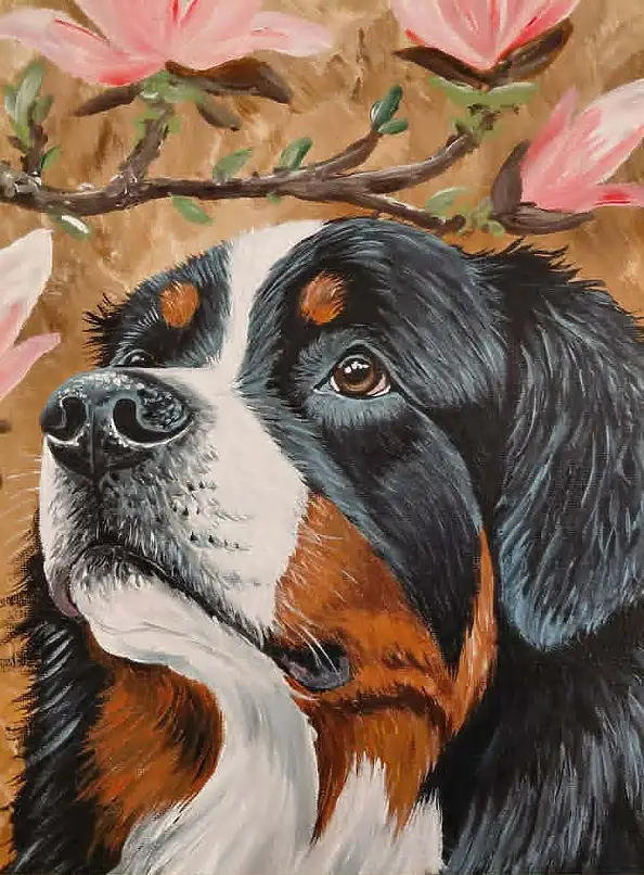 Agnieszka Mantaj, Berner Sennenhund und Magnolie, Acrylgemälde - Platte, 40 x 50