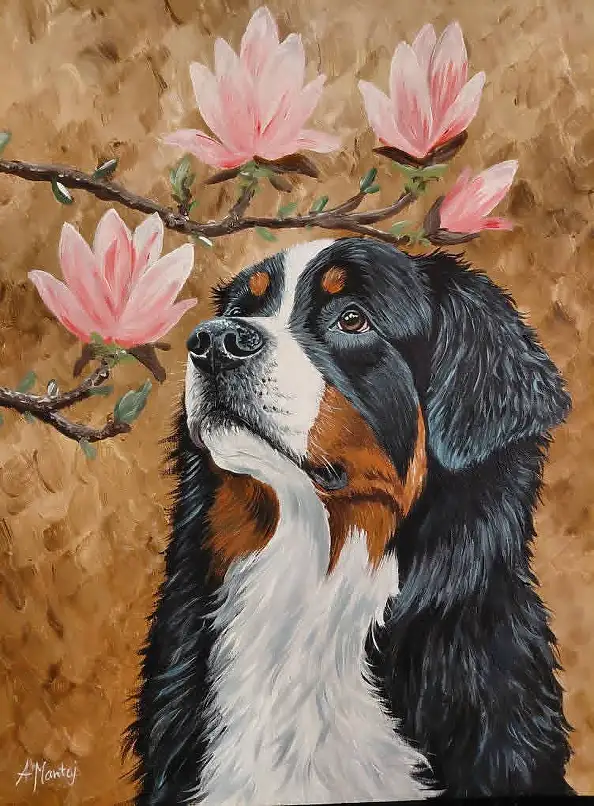 Agnieszka Mantaj, Berner Sennenhund und Magnolie, Acrylgemälde - Platte, 40 x 50