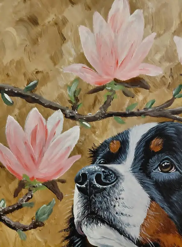 Agnieszka Mantaj, Berner Sennenhund und Magnolie, Acrylgemälde - Platte, 40 x 50