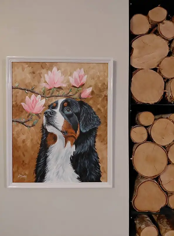 Agnieszka Mantaj, Berner Sennenhund und Magnolie, Acrylgemälde - Platte, 40 x 50