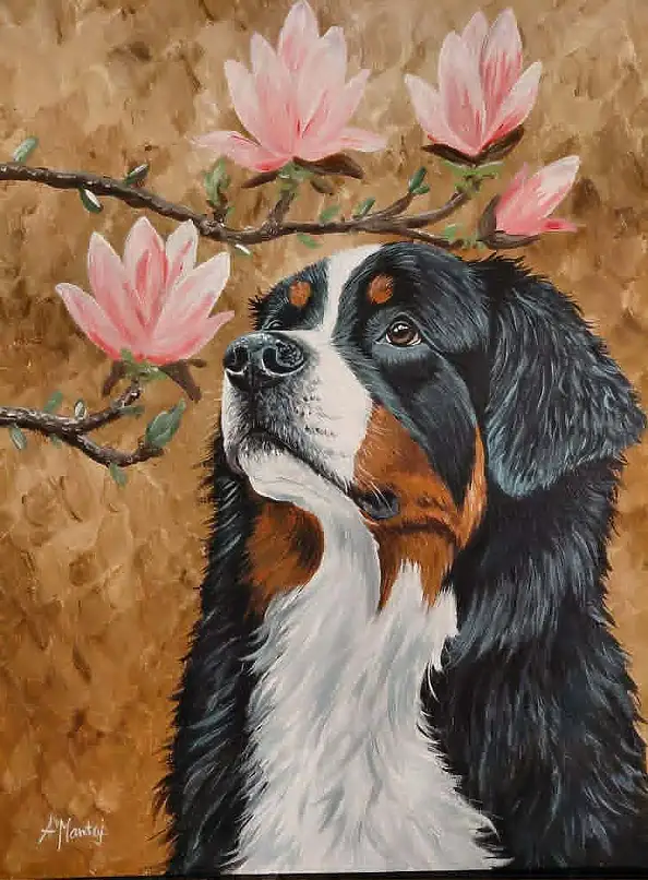 Agnieszka Mantaj, Berner Sennenhund und Magnolie, Acrylgemälde - Platte, 40 x 50