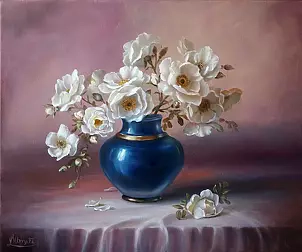 Lidia Olbrycht - White Roses in a Blue Vase