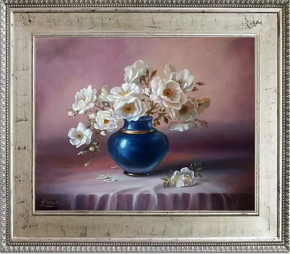 Lidia Olbrycht - White Roses in a Blue Vase