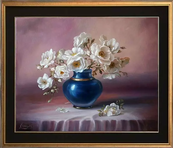 Lidia Olbrycht - White Roses in a Blue Vase