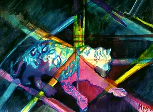Marzena Salwowska, Biały jaguar w zderzeniu z kolorową geometrią, Akwarele, Tusz - papier, 42 x 30