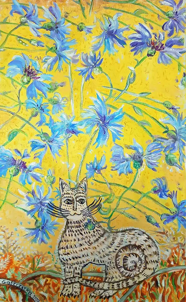 Elżbieta Goszczycka - White cat and cornflowers
