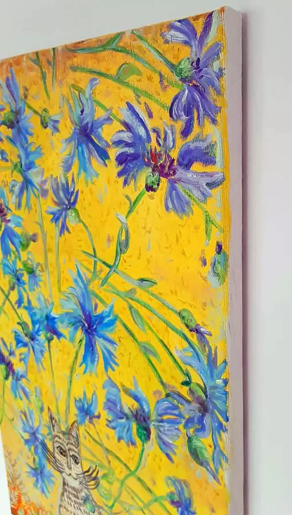 Elżbieta Goszczycka - White cat and cornflowers