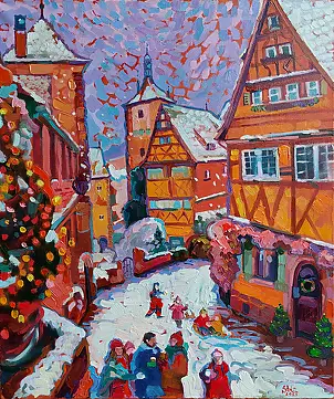 Anastasiia Kurkova, Bitwa na śnieżki, Obraz olejny - płótno, 55 x 65