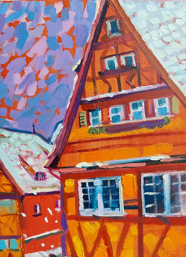 Anastasiia Kurkova, Bitwa na śnieżki, Obraz olejny - płótno, 55 x 65