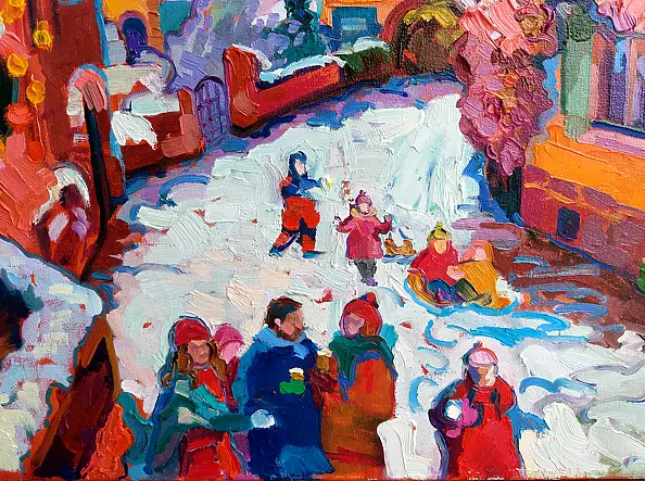 Anastasiia Kurkova, Bitwa na śnieżki, Obraz olejny - płótno, 55 x 65