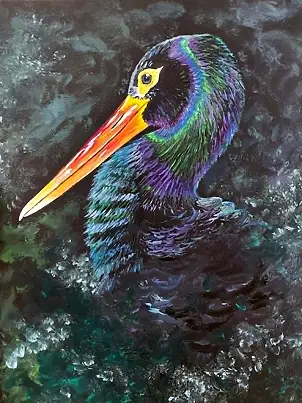 Agnieszka Mantaj, Schwarzstorch, Acrylgemälde - Platte, 40 x 50