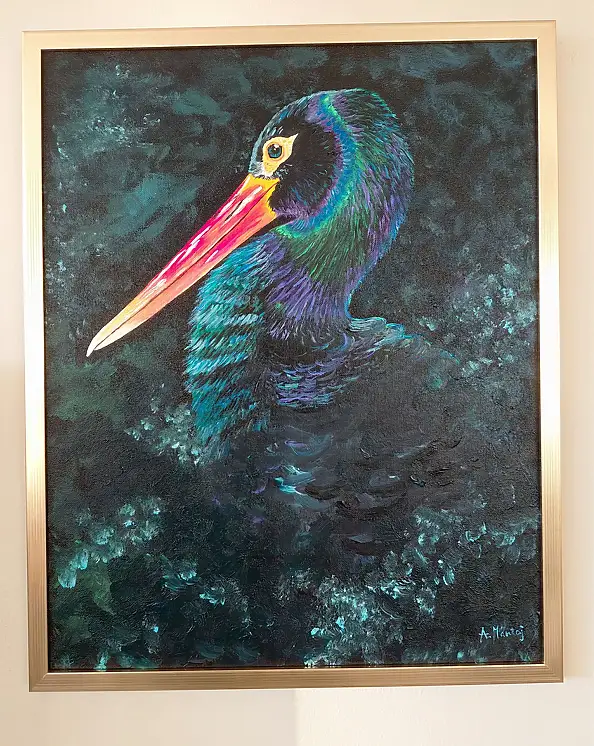 Agnieszka Mantaj, Schwarzstorch, Acrylgemälde - Platte, 40 x 50