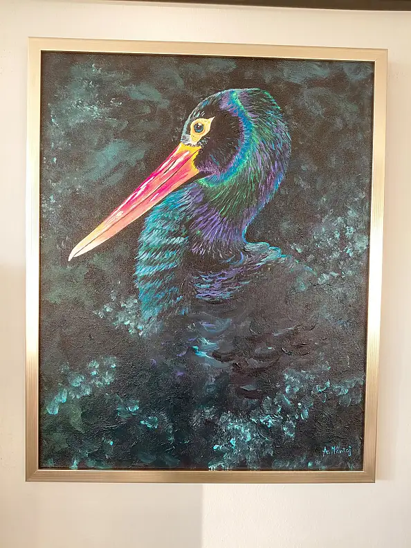 Agnieszka Mantaj, Schwarzstorch, Acrylgemälde - Platte, 40 x 50