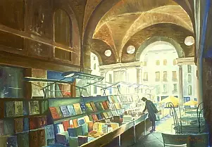   - Books under the portico of the Basilica