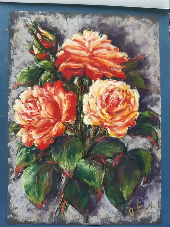 Yana Yeremenko - "Bouquet of roses" pastel drawing, painting