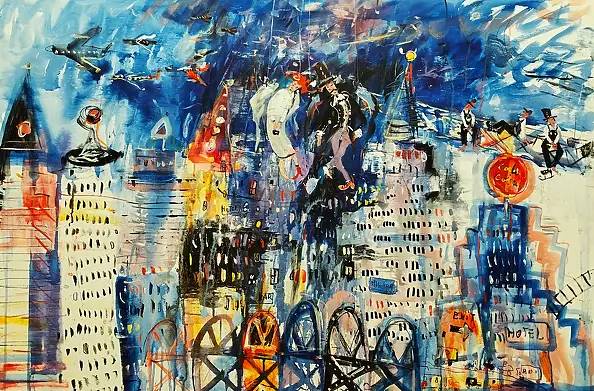 Dariusz Grajek, Budowlańcy i zakochane anioły nad Nowym Jorkiem...., Obraz akrylowy, Obraz olejny - płótno, 118 x 80