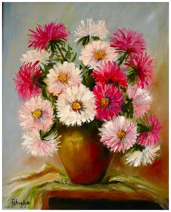 Grażyna Potocka, Bouquet of asters oil painting 44cm-35cm, Oil painting - canvas, 35 x 44