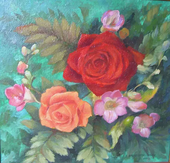 Danuta Strzelbicka-Mazuś - A bouquet of roses and gillyflowers.