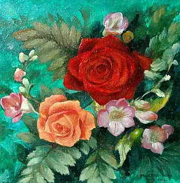 Danuta Strzelbicka-Mazuś, Букет из роз и желтых цветов., Масляная картина - холст, 42 x 40