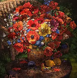 Piotr Mruk, Ein Strauß Mohnblumen in einer Tonvase, Acrylgemälde - Leinwand, 80 x 90