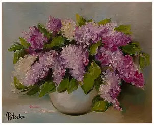Grażyna Potocka, Bzy z ogrodu obraz olejny 24cm-30cm, Obraz olejny - płótno, 30 x 24