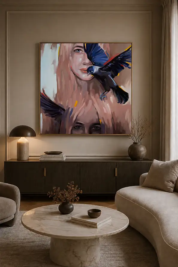 Magdalena Dziejma, SORT DE VUE 1 (choucas), Peinture acrylique - toile, 100 x 100