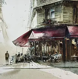 Janusz Kulikowski, CZERWONE MARKIZY NA MONTPARNASSE”, Akwarele - papier, 40 x 30
