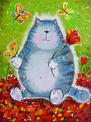 Olha Darchuk,  Cat in a flower paradise , Oil painting - canvas, 30 x 40