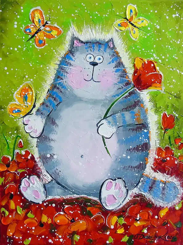 Olha Darchuk,  Cat in a flower paradise , Oil painting - canvas, 30 x 40