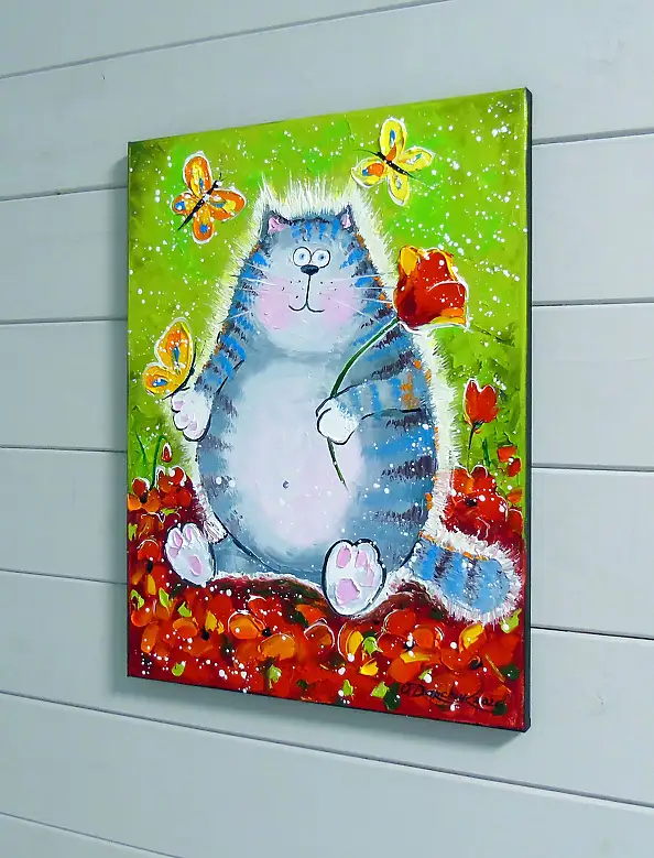 Olha Darchuk,  Cat in a flower paradise , Oil painting - canvas, 30 x 40