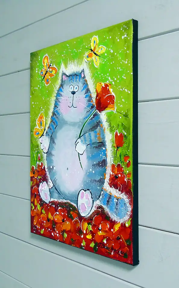 Olha Darchuk,  Cat in a flower paradise , Oil painting - canvas, 30 x 40