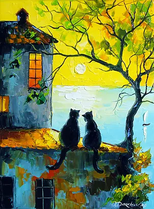 Olha Darchuk - Cats Watching the Sunset Together