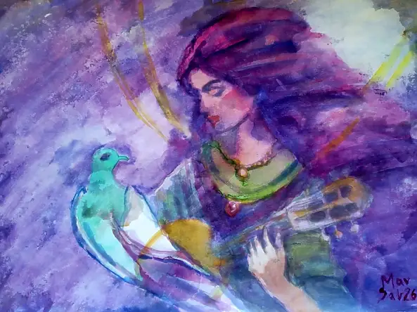Marzena Salwowska, Cecilia playing music, Watercolors - paper, 42 x 30