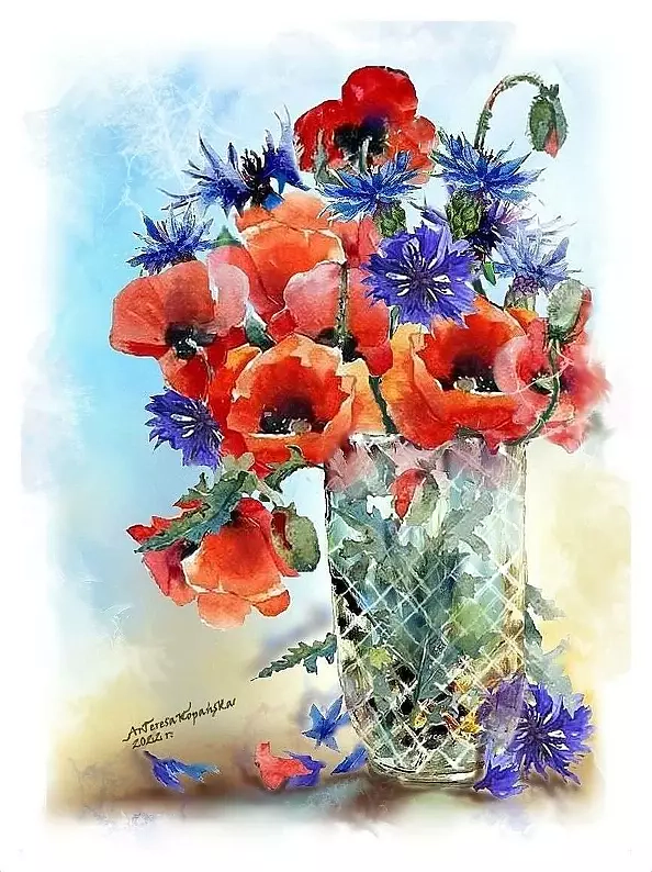 Teresa Kopańska - "Cornflowers and poppies in a crystal vase" - watercolor