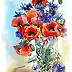 Teresa Kopańska - "Cornflowers and poppies in a crystal vase" - watercolor