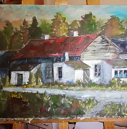 Teresa Kluszczyńska, Хижина в лесу, Акрилова картина - плита, 60 x 40