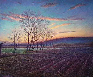   - The village of poplars, the first rays of the rising sun