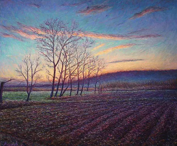 Fabio Masciangelo - Wieś z topolami, pierwsze promienie wschodzącego słońca