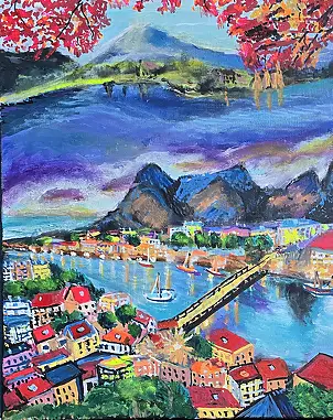 Krystyna Mościszko, Wunderschöne Ferien, Omis und Japan!, Acryl-Bild - Leinwand, 40 x 50