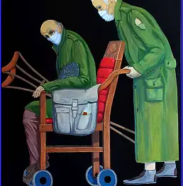 Marian Wiekiera, Cykl ( 11 ) '' Za Czym Kolejka Ta Stoi '', Obraz akrylowy - płótno, 90 x 120