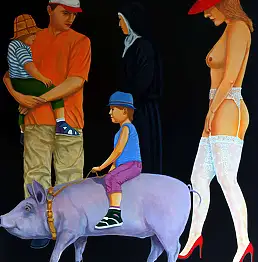 Marian Wiekiera, Cykl ( 16 ) '' Za Czym Kolejka Ta Stoi '', Obraz akrylowy - płótno, 90 x 120