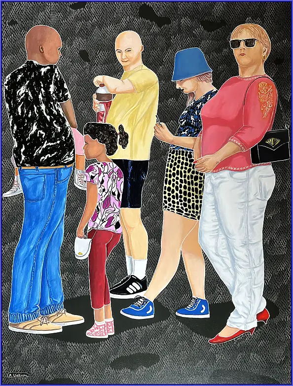 Marian Wiekiera, Cykl ( 48 ) " Za Czym Kolejka Ta Stoi ,,, Obraz akrylowy - płótno, 90 x 120