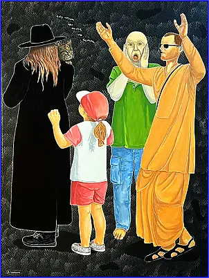Marian Wiekiera, Cycle ( 49 ) " What is this queue for ,,, Acrylic painting - canvas, 90 x 120