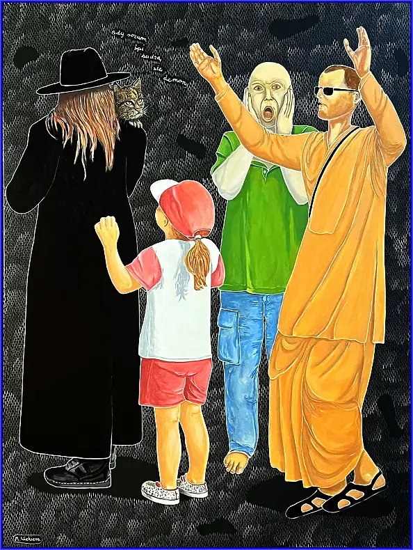 Marian Wiekiera, Cycle ( 49 ) " What is this queue for ,,, Acrylic painting - canvas, 90 x 120