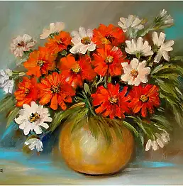 Grażyna Potocka, Zinnien Ölgemälde 40cm-50cm, Ölbild - Leinwand, 50 x 40