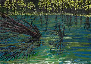   - Black reflections in blue water