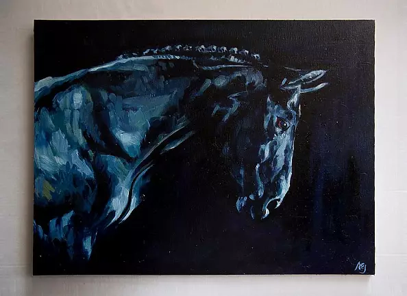 Anna Ewa Jarosz - Black horse in the stable